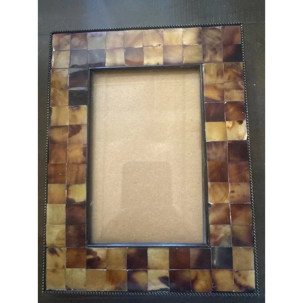 Vintage Mosaic Shell Picture Frame Amber Brown Tiled Beaded Trim 4x6 Tabletop